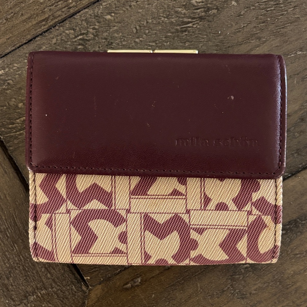 Mila Schon Tri-Fold Leather Wallet with Change Purse Burgundy and Tan